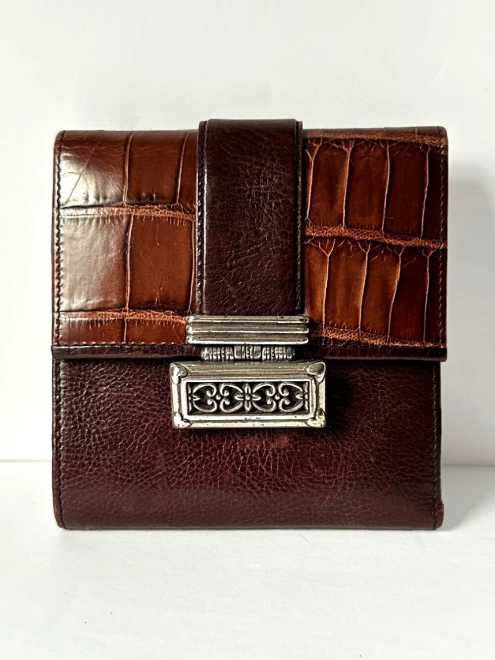 Vintage Brighton Brown Leather Tri Fold Wallet Silver Hardware